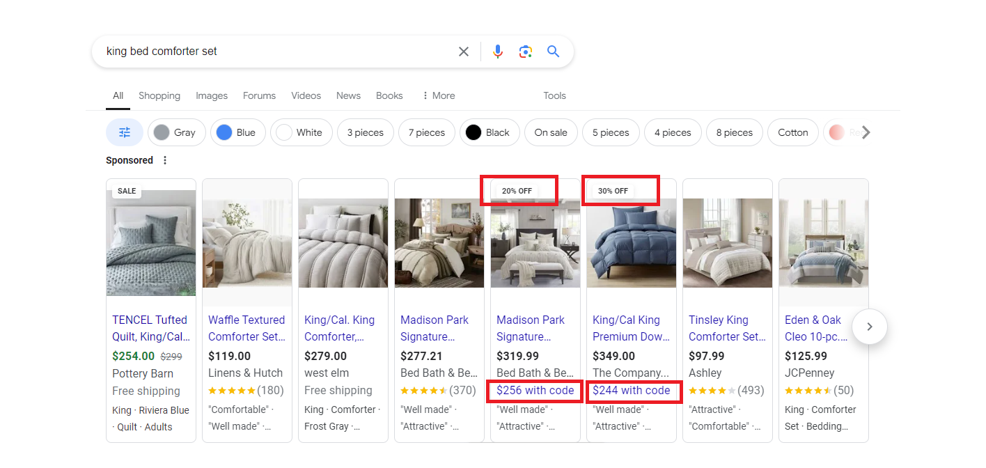 Truy vấn tìm kiếm 'bộ chăn ga giường cỡ lớn' trên Google có kết quả là quảng cáo Google Shopping.