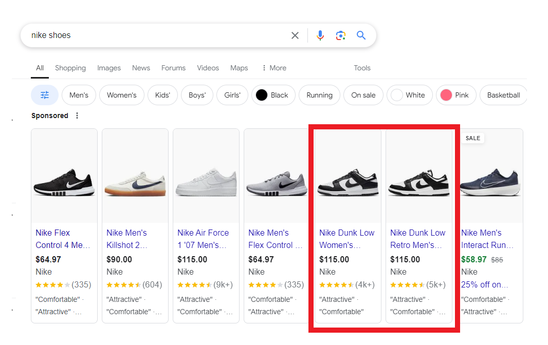 Ví dụ về tìm kiếm trên Google với truy vấn 'giày Nike' hiển thị ví dụ về quảng cáo Mua sắm.