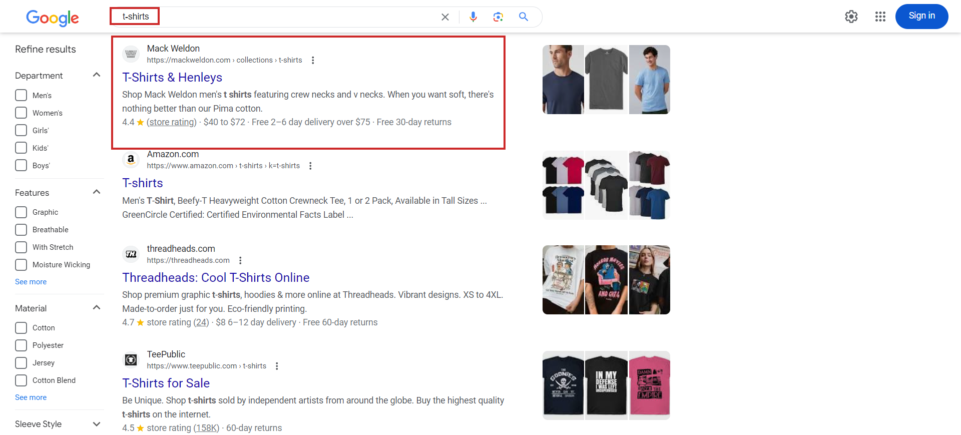 Example of well optimized Shopify collection page ranking on the 1st page of Google