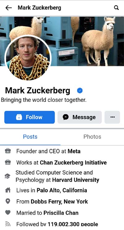 Ảnh chụp màn hình Hồ sơ Facebook của Mark Zuckerberg